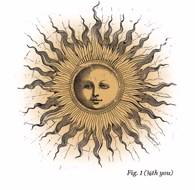 Vintage engraving of a radiant sun with a face, captioned 'Fig. 1 (½th you)'