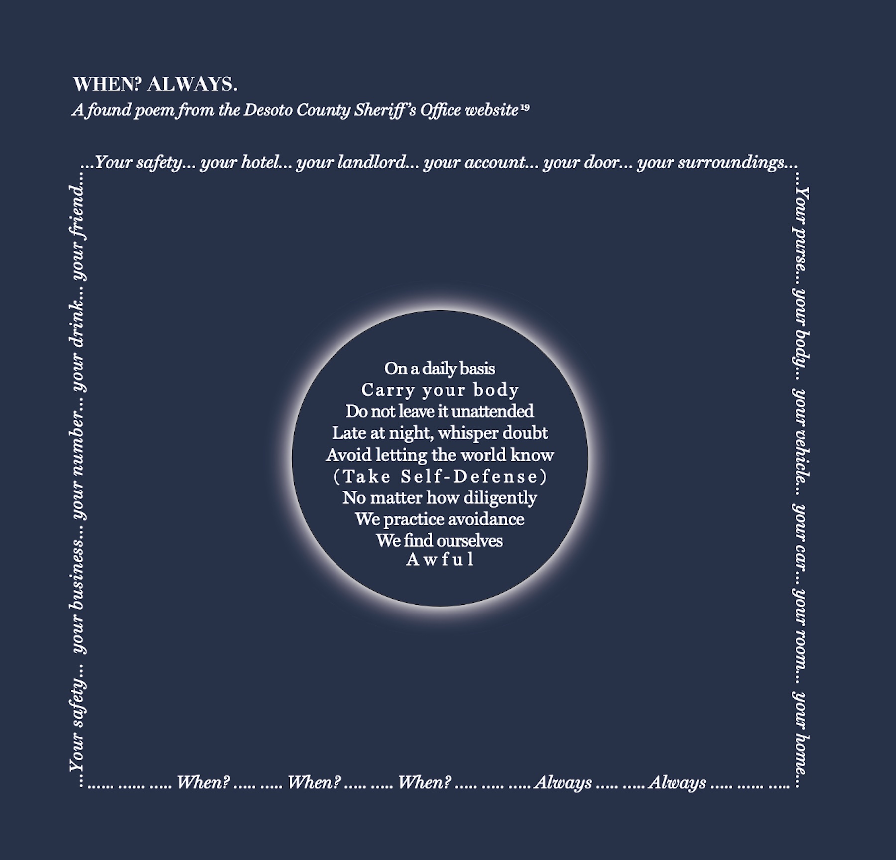 When? Always. — A found poem extracted from sheriff's office safety tips for women, distilled into a spiraling visual form.